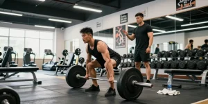 Bodybuilder performing a deadlift at the Anabolika Shop gym, showcasing strength and dedication to fitness.