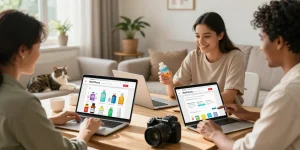 Glückliche Kunden, die online mit dem Medi Pharma Shop interagieren und in einem gemütlichen Zuhause Gesundheitsprodukte erkunden.