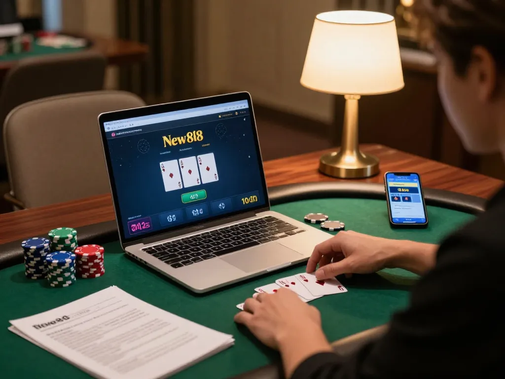 Engaging online poker scene depicting a player strategizing with New88 nhà cái on their laptop.