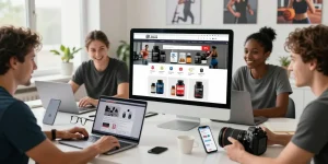 Erkunden Sie die Astera Shop-Produktpalette mit Fitnessenthusiasten in einem modernen E-Commerce-Shop.