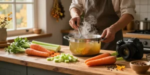 Leckere Zubereitung von Klarer Suppe mit frischem Gemüse in einer gemütlichen Küche.