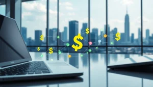 Découvrez l'actualité de la finance décentralisée avec des symboles monétaires dynamiques et un environnement technologique.