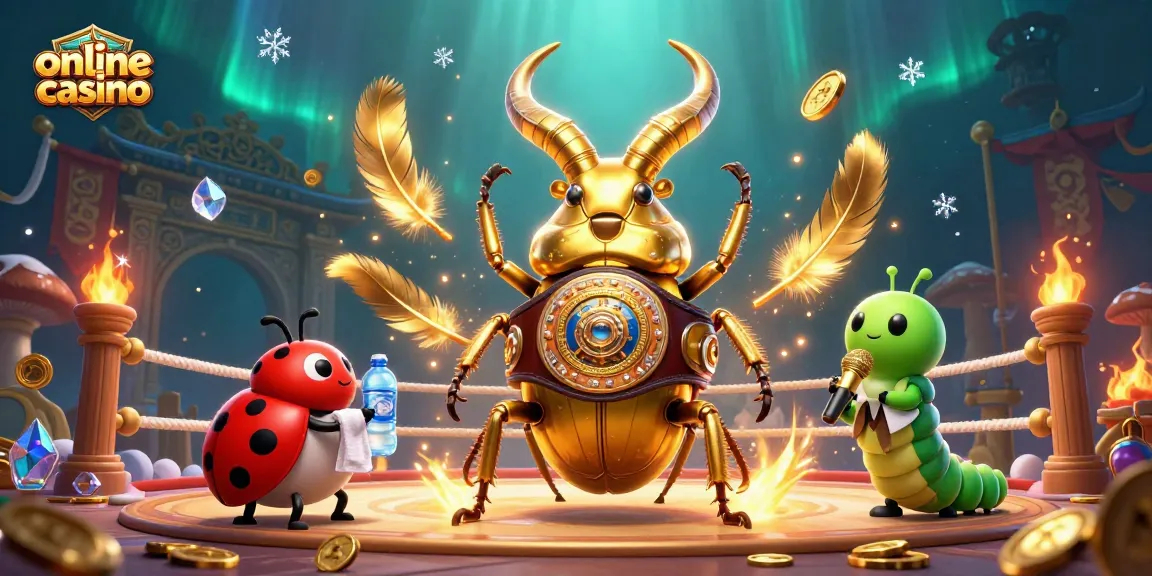 Experience an online casino adventure with a boxing stag beetle and dynamic gambling elements.