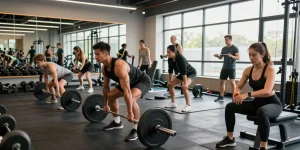 Akra Labs Steroid Shop: Sportler im Fitnessstudio, engagiert in verschiedenen Trainingseinheiten mit hochwertiger Ausrüstung.