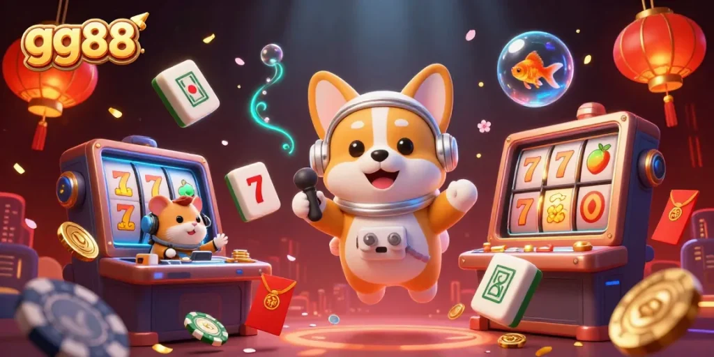 Experience gg88 with a 3D cartoon scene showcasing an astronaut corgi in a casino setting, complete with floating gaming elements.