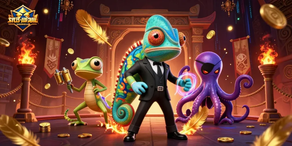A colorful and dynamic illustration featuring the situs-judi-bola agents in a vibrant betting arena surrounded by gold coins.
