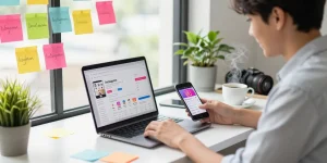 Instagram Views kaufen: Moderne Marketing-Szene mit Analyse von Instagram-Statistiken in einem hellen Arbeitsumfeld