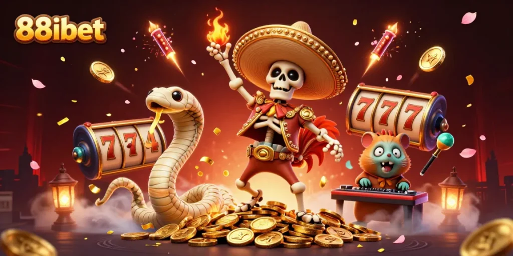 Experience the excitement of 88ibet with a vibrant casino scene featuring dancing characters and slot elements.