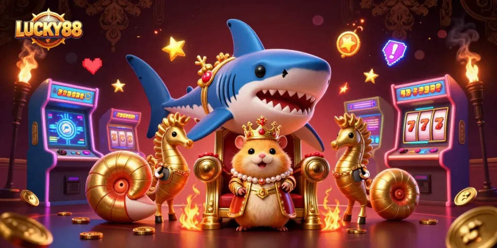 Lucky88 brings captivating online casino excitement with a golden hamster king amidst colorful gaming elements.